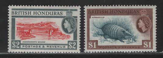 Lot 254A British Honduras SG#188-189 $1 - $2 Slate Blue & Red-Brown - Scarlet & Gray Queen Elizabeth II, 1953-1962 QE II Pictorial Issue, 2 VFNH Singles, Waterlow Printings