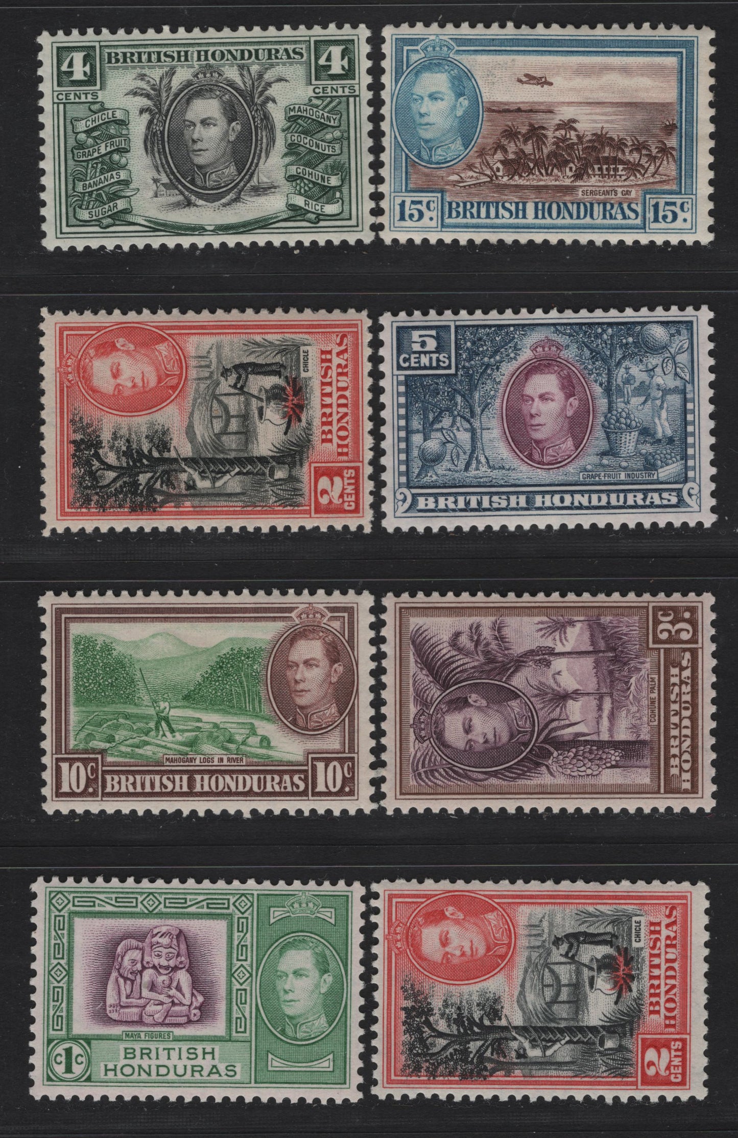Lot 256 British Honduras SG#150-156, 151a 1c - 15c Bright Magenta & Green - Brown & Light Blue King George VI, 1938-1947 KGVI Pictorial Issue, 8 F/VFOG Singles, Both Perfs Of 2c