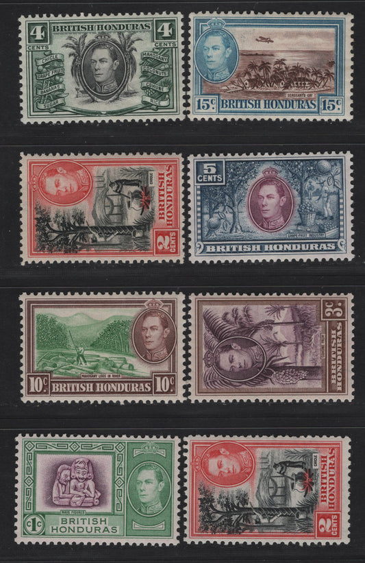 Lot 256 British Honduras SG#150-156, 151a 1c - 15c Bright Magenta & Green - Brown & Light Blue King George VI, 1938-1947 KGVI Pictorial Issue, 8 F/VFOG Singles, Both Perfs Of 2c