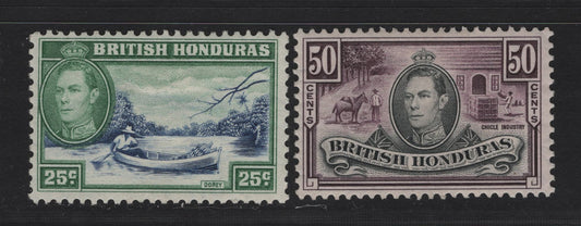 Lot 257 British Honduras SG#157-158 25c - 50c Blue & Green - Black & Purple King George VI, 1938-1947 KGVI Pictorial Issue, 2 VFOG Singles, Both With Crackly Gum, Either 1942 or 1946-1947 Printings
