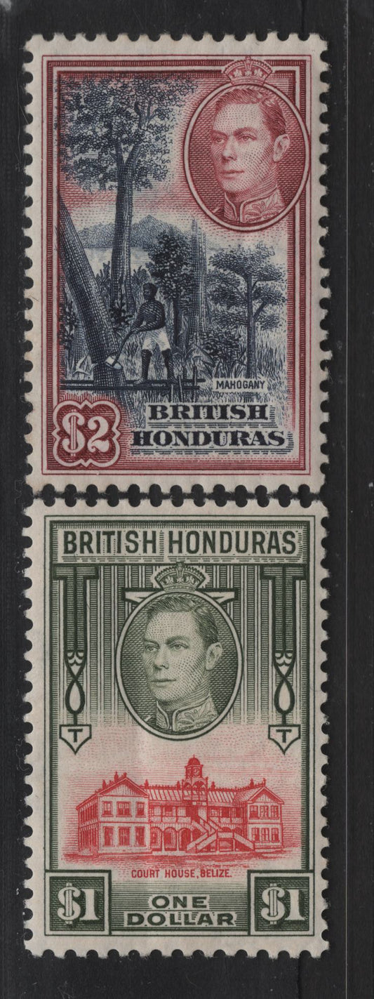 Lot 258 British Honduras SG#159-160 $1 - $2 Scarlet & Olive - Deep Blue & Maroon King George VI, 1938-1947 KGVI Pictorial Issue, 2 VG/VFOG Singles, The $1 Has A Vertical Crease