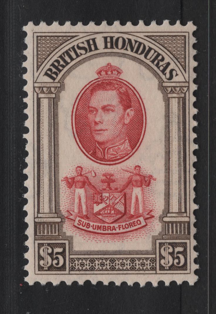 Lot 259 British Honduras SG#161 $5 Scarlet & Brown King George VI, 1938-1947 KGVI Pictorial Issue, A VFNH Single, 1943/1944 Printing, NH But Tiniest Spot of Disturbance On The Gum, Scarce, As Most of the $1-$5's I See On The Market Are 1938 Printings.