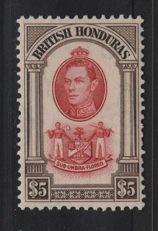 Lot 259 British Honduras SG#161 $5 Scarlet & Brown King George VI, 1938-1947 KGVI Pictorial Issue, A VFNH Single, 1943/1944 Printing, NH But Tiniest Spot of Disturbance On The Gum, Scarce, As Most of the $1-$5's I See On The Market Are 1938 Printings.