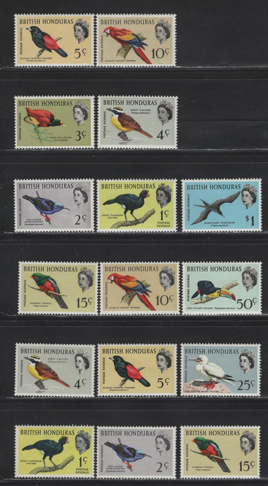 Lot 260 British Honduras SG#202-211, 239-245 1c - $1 Multicolored Queen Elizabeth II & Birds, 1962-1967 Bird Definitive Issue, 16 F/VFNH/OG Singles, Upright & Sideways Wmks Sideways Are Hinged, Upright Are NH .