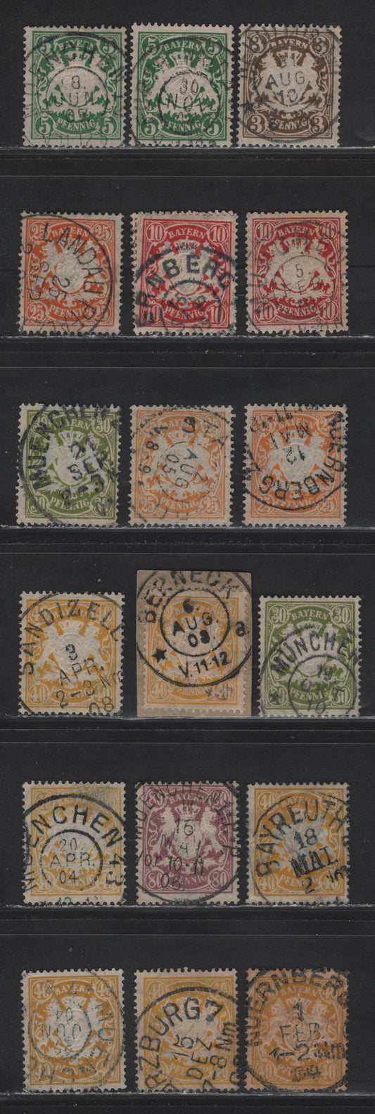 Lot 26 Bavaria #60, 62, 63, 66, 67, 68, 71 3pf Olive Brown - 80pf Lilac, 1888-1900 Embossed Arms Issue, Wmk Horizontal Wavy Lines, 18 F&VF Used Singles All With SON Town Cancels