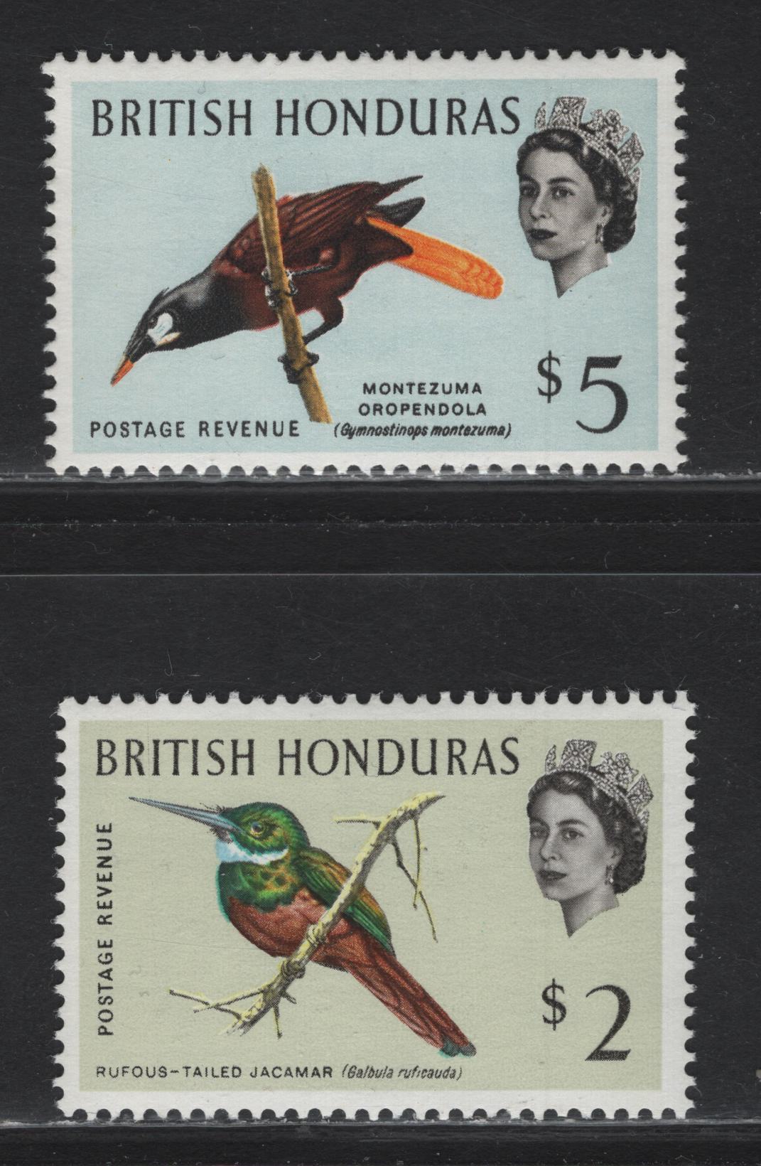 Lot 261 British Honduras SG#212-213 $2 - $5 Multicolored Queen Elizabeth II & Birds, 1962-1967 Bird Definitive Issue, 2 VFNH Singles