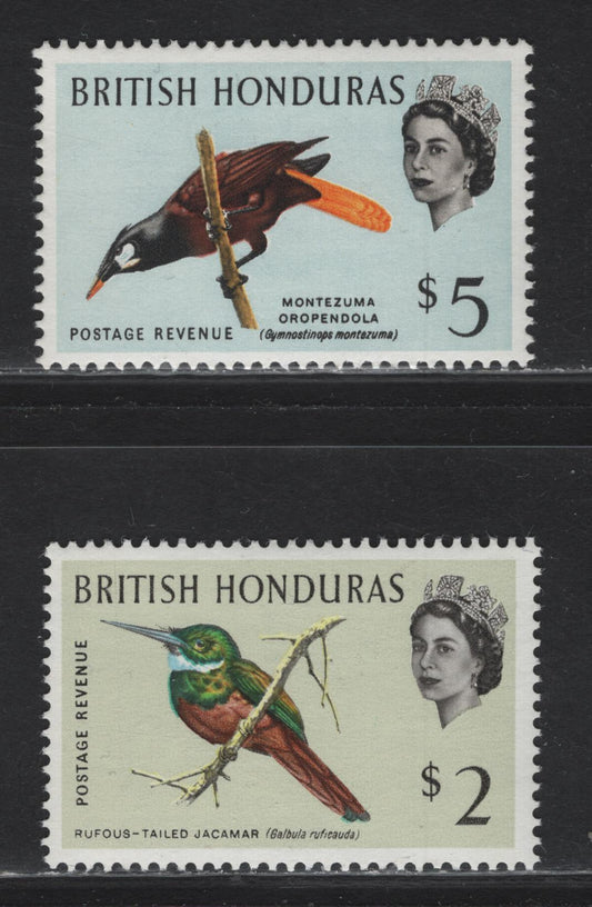 Lot 261 British Honduras SG#212-213 $2 - $5 Multicolored Queen Elizabeth II & Birds, 1962-1967 Bird Definitive Issue, 2 VFNH Singles