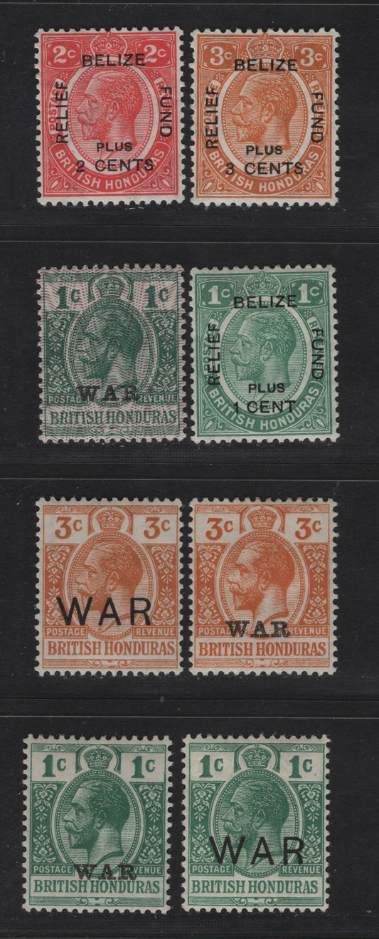 Lot 262 British Honduras SG#114, 116b, 118, 119a, 120, 138-140 1c - 3c +3c Green - Orange King George V, 1916-1932 War Tax Overprint - Belize Relief Fund Issue, 8 VFOG Singles