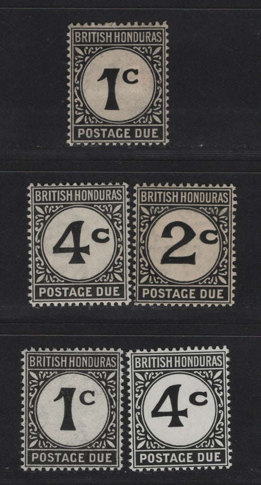 Lot 263 British Honduras SG#D1-D3, D1b, D5 1c - 4c Black Numeral, 1923-1972 Postage Due Issue, 5 VFOG/NH Singles, Script CA & Block CA Wmks, Includes 1c On Unsurfaced Paper