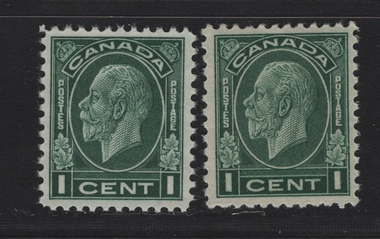 Lot 264 Canada (C) #195 1c Dark Green King George V, 1932 Medallion Issue, 2 VFNH Singles, Papers BABN-KK & BABN-LL, Perfs 11.1x10.9 & 11.25x10.9, 18x22mm Design.