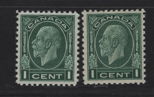 Lot 264 Canada (C) #195 1c Dark Green King George V, 1932 Medallion Issue, 2 VFNH Singles, Papers BABN-KK & BABN-LL, Perfs 11.1x10.9 & 11.25x10.9, 18x22mm Design.