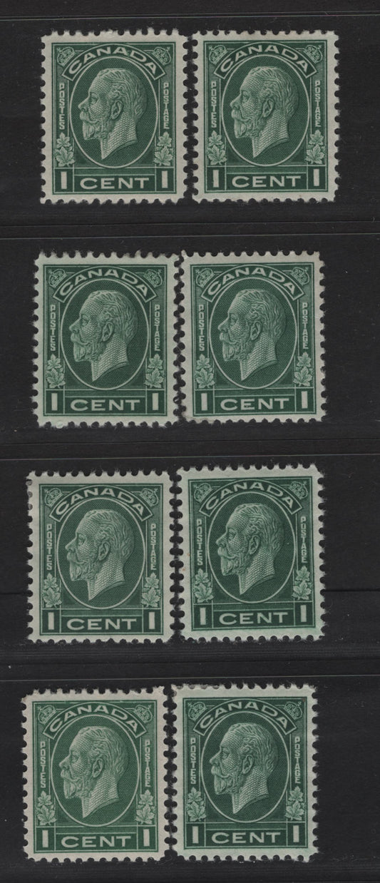 Lot 266 Canada (C) #195,d 1c Deep Green - Green King George V, 1932 Medallion Issue, 8 VFOG Singles, Various Papers, Perfs & Design Sizes