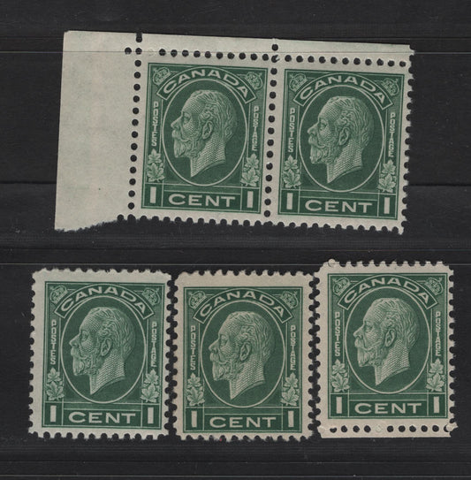 Lot 267 Canada #195d 1c Green King George V, 1932 Medallion Issue, 4 VFOG Singles & Pair, Various Papers, Perfs & Design Sizes