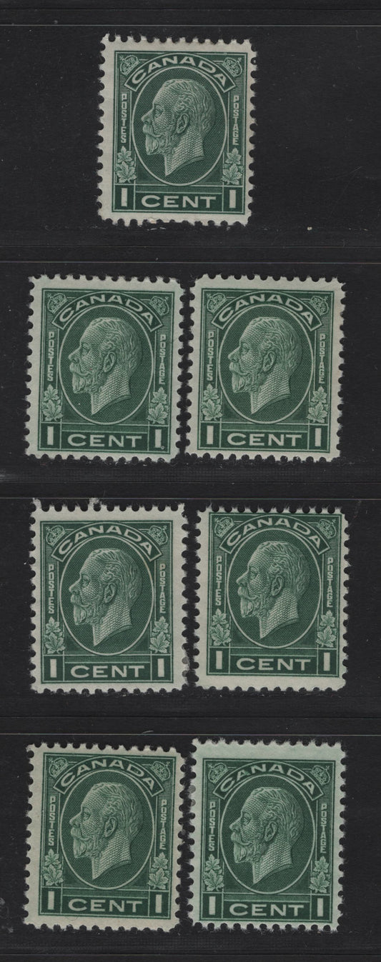 Lot 268 Canada (C) #195 1c Deep Green King George V, 1932 Medallion Issue, 7 FOG Singles, Various Papers, All Different, Unchecked As To Perfs & Design Sizes.