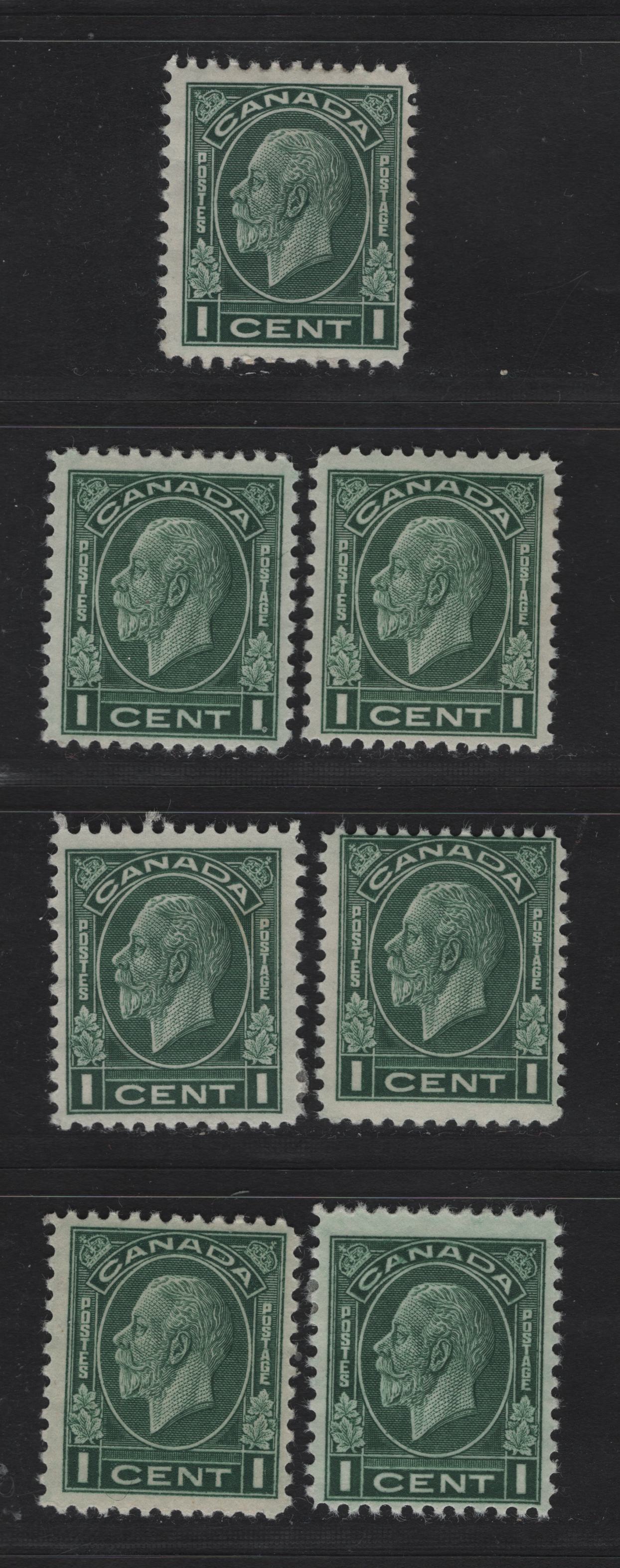 Canada (C) #195 1c Deep Green King George V, 1932 Medallion Issue, 7 FOG Singles, Various Papers, All Different, Unchecked As To Perfs & Design Sizes.