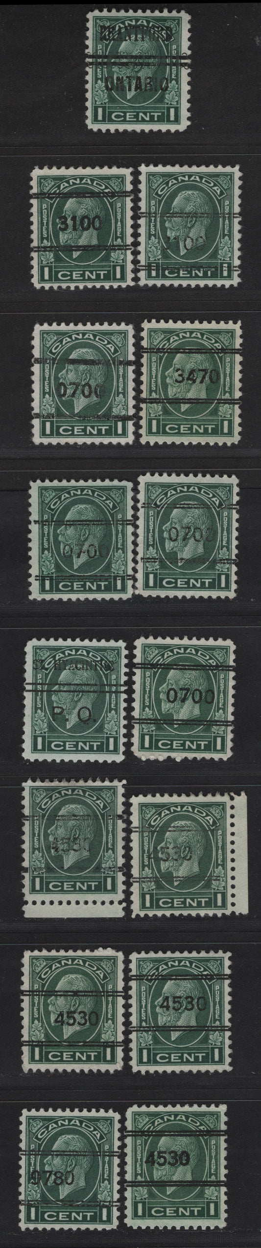 Lot 270 Canada (C) #195 1c Green & Dark Green King George V, 1932 Medallion Issue, 15 Very Fine Precancelled Singles, Various Precancels