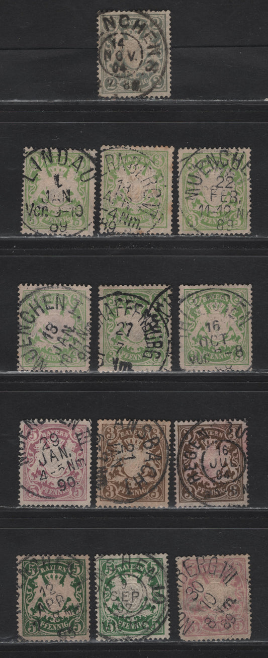 Lot 27 Bavaria #58a,59,60,61,62,62a 5pf Dark Green - 5pf Lilac, 1888-1899 Embossed Arms Issue, Wmk Horizontal Wavy Lines, 13 F&VF Used Singles On Toned Paper, With SON Town Cancels