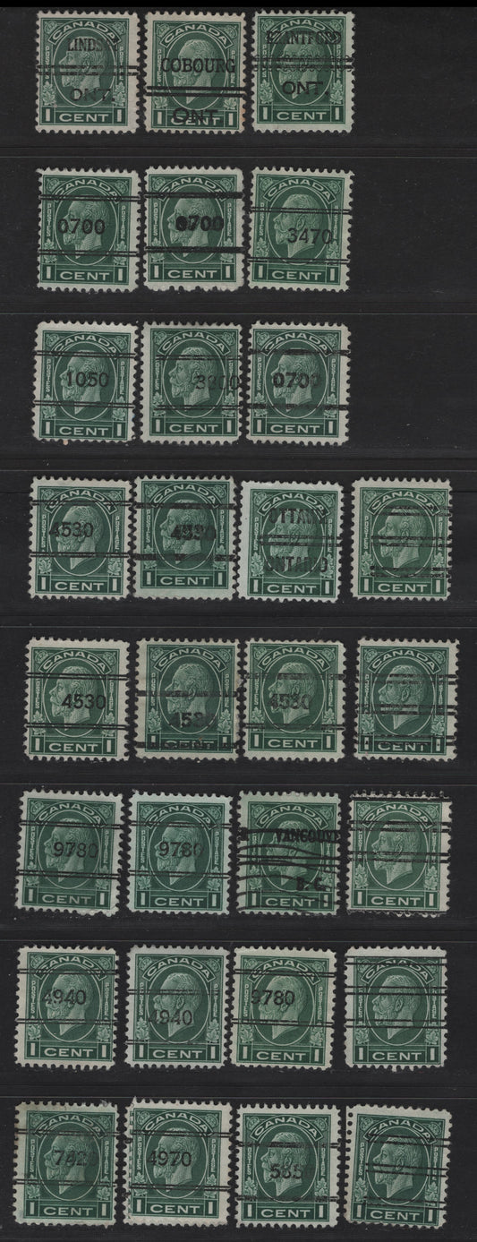 Lot 271 Canada (C) #195-d 1c Green King George V, 1932 Medallion Issue, 29 Fine Used Singles, Various Precancels