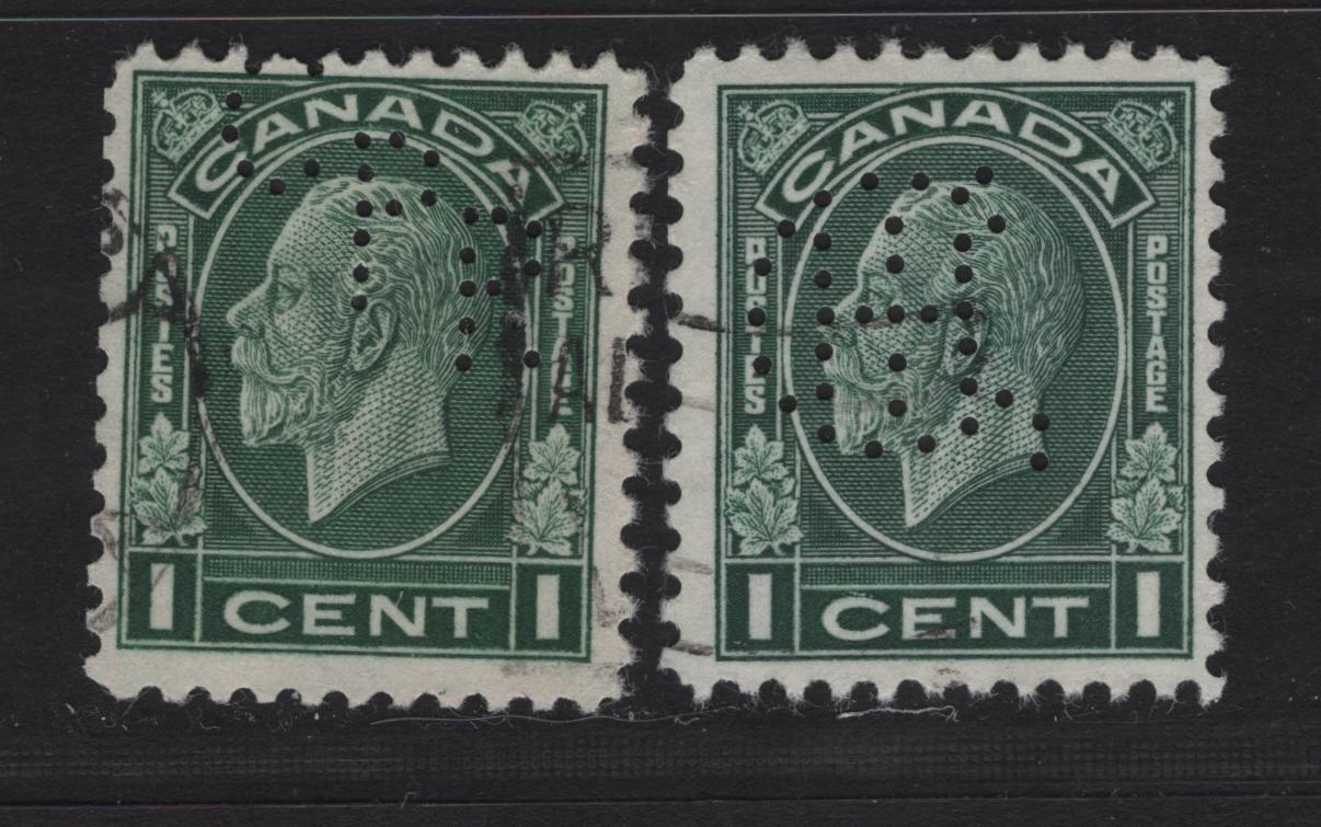 Lot 272 Canada #195 1c Dark Green King George V, 1932 Medallion Issue, 2 Fine Used Singles, CPR Montreal & Vancouver International Harvester Perfins