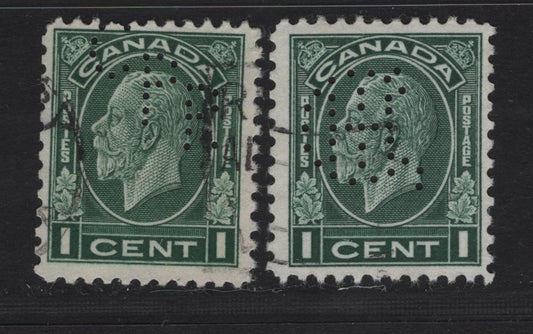 Lot 272 Canada #195 1c Dark Green King George V, 1932 Medallion Issue, 2 Fine Used Singles, CPR Montreal & Vancouver International Harvester Perfins