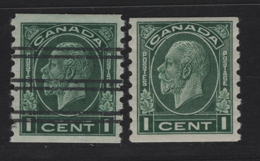 Lot 273 Canada #195 1c Deep Green - Green King George V, 1932 Medallion Issue, 2 VFOG Singles, Papers BABN-QQ & BABN-A, Style V Precancel, 18.5x21.75 & 18.5x21.75mm Design Sizes.