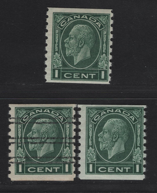 Lot 274 Canada (C) #205 1c Dark Green King George V, 1933 Medallion Coil Issue, 3 FNH Coil Singles, Papers BABN-Y & BABN-PP, Perf 8.5 Vertically, 18.5x21.75 & 18.4x21.7mm Design Sizes.