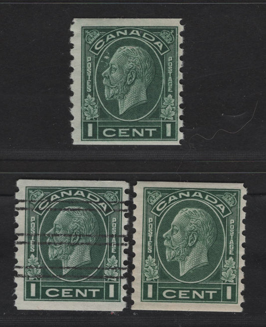 Lot 275 Canada #205 1c Dark Green King George V, 1933 Medallion Coil Issue, 3 FOG Coil Singles, Papers BABN-Y & BABN-A, Perf 8.5 Vertically, 18.5x21.75 & 18.5x20.75mm Design Sizes.