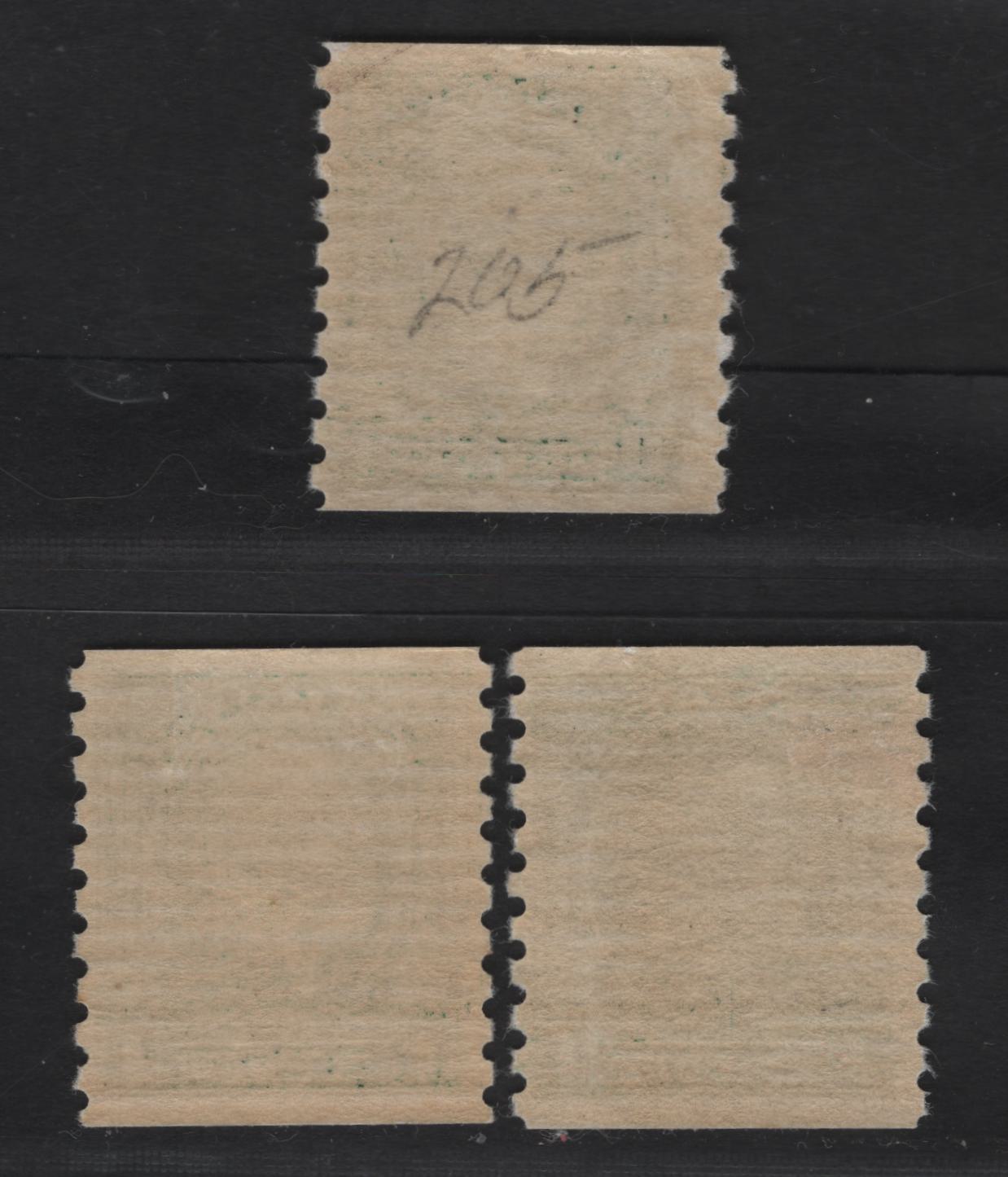 Lot 275 Canada #205 1c Dark Green King George V, 1933 Medallion Coil Issue, 3 FOG Coil Singles, Papers BABN-Y & BABN-A, Perf 8.5 Vertically, 18.5x21.75 & 18.5x20.75mm Design Sizes.