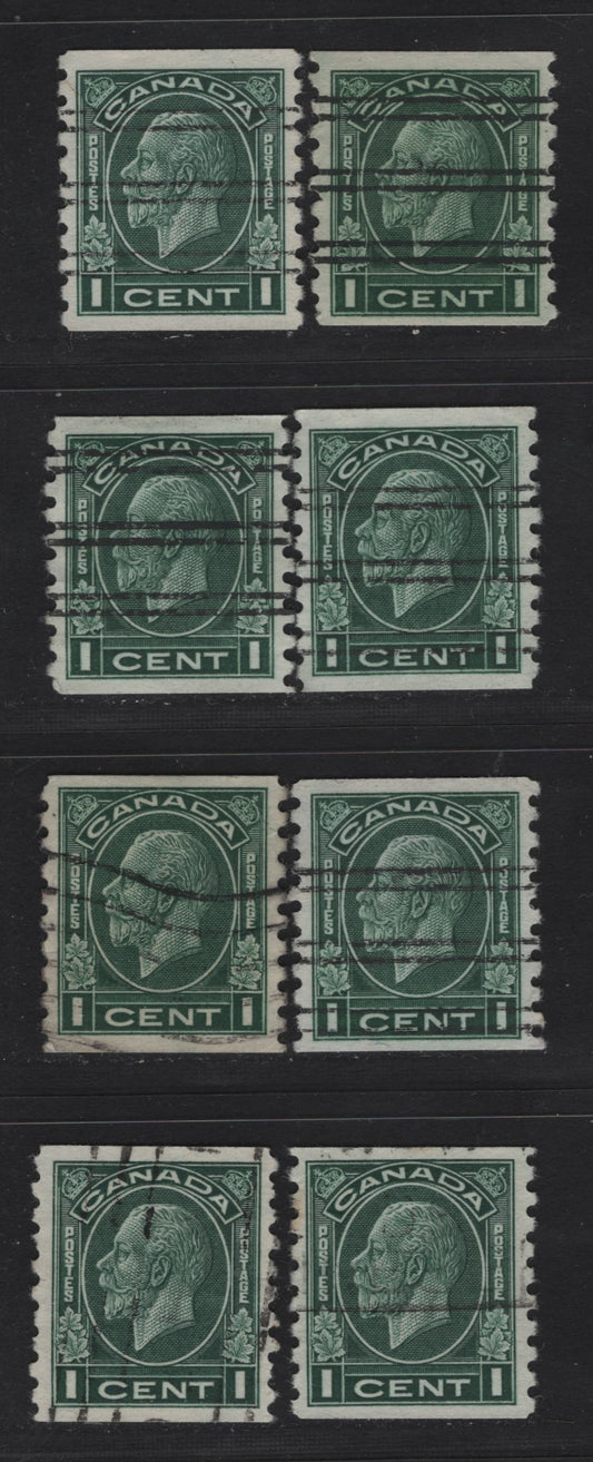 Lot 276 Canada #205xx 1c Green - Dark Green King George V, 1932 Medallion Issue, 8 Very Fine Used Coil Singles, Various Papers, Including Style V & W Precancels