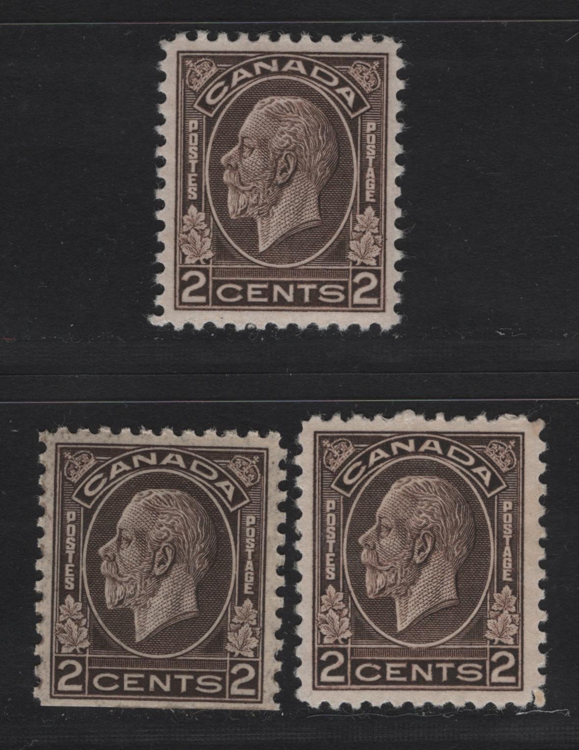 Lot 278 Canada #196, 196as 2c Dark Brown King George V, 1932 Medallion Issue, 3 VFOG Singles, Papers BABN-G & BABN-D, Perfs 11.1x10.9 & 10.9x10.8, Design Sizes 18x22mm & 18.25x21.75mm.