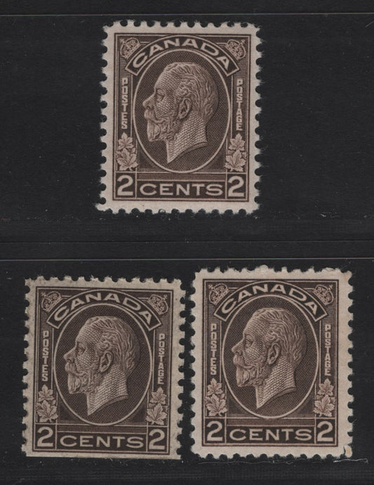 Lot 278 Canada #196, 196as 2c Dark Brown King George V, 1932 Medallion Issue, 3 VFOG Singles, Papers BABN-G & BABN-D, Perfs 11.1x10.9 & 10.9x10.8, Design Sizes 18x22mm & 18.25x21.75mm.
