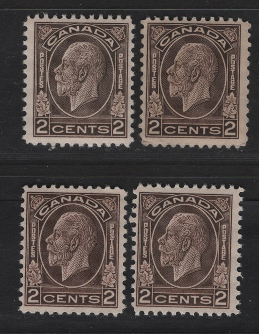 Lot 280 Canada #196 2c Dark Brown - Deep Yellowish Brown King George V, 1932 Medallion Issue, 4 FNH Singles, Papers BABN-RR, BABN-G & BABN-MM, Perf & Design Sizes Unchecked