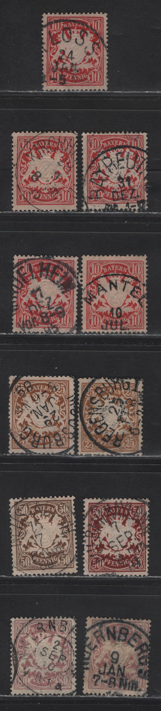 Lot 28 Bavaria #63a,65,69,70a,71a 10pf Carmine Red - 80pf Lilac, 1888-1899 Embossed Arms Issue, Wmk Wavy Lines, 11 F&VF Used Singles All On Toned Paper With SON Town Cancels