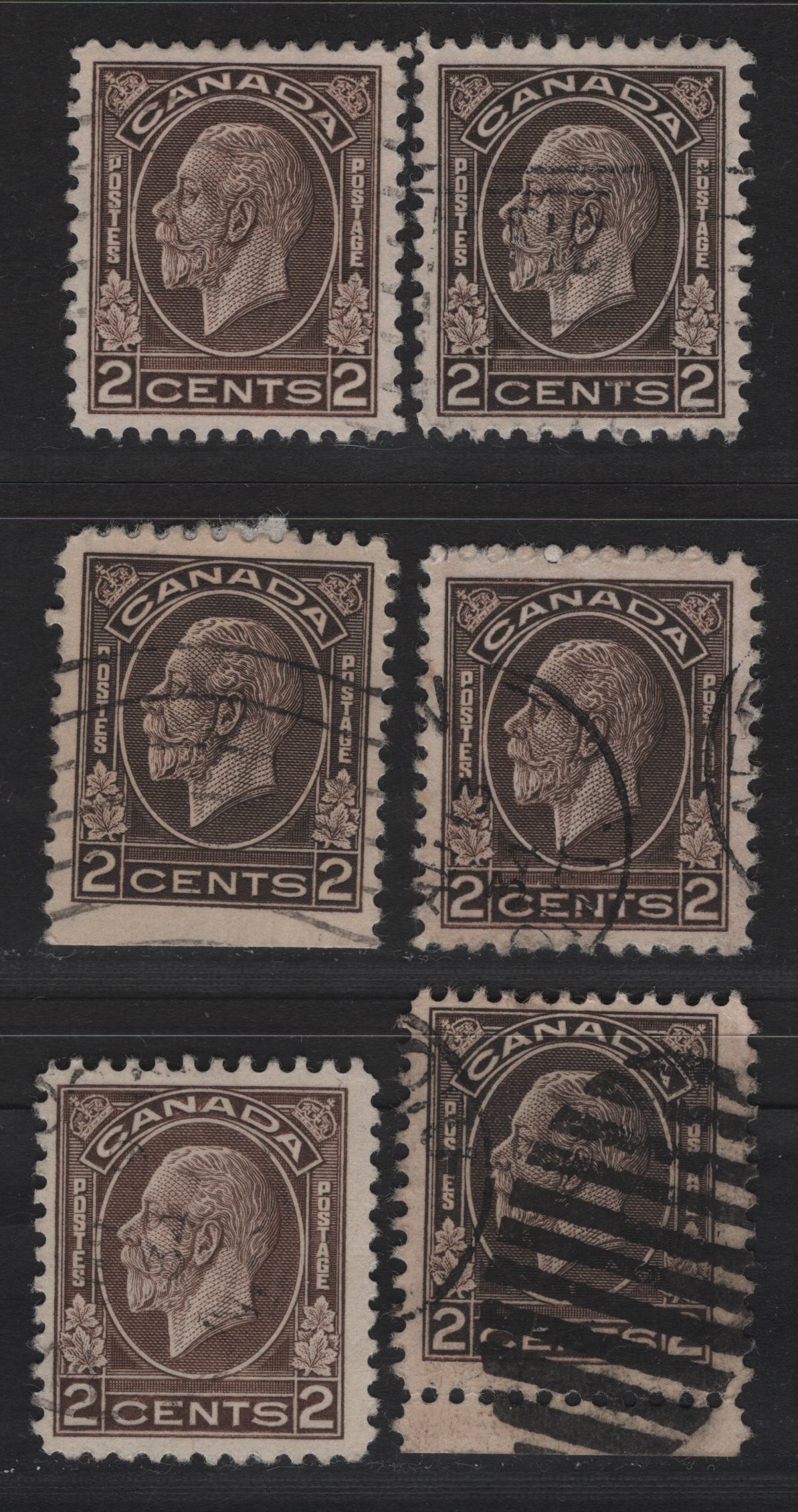 Lot 281 Canada #196, 196as 2c Dark Brown, Brown & Black Brown King George V, 1932 Medallion Issue, 6 Fine/Very Fine Used Sheet & Booklet Singles, Variety Of Papers, Perfs & Design Sizes