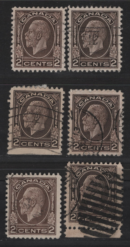 Lot 281 Canada #196, 196as 2c Dark Brown, Brown & Black Brown King George V, 1932 Medallion Issue, 6 Fine/Very Fine Used Sheet & Booklet Singles, Variety Of Papers, Perfs & Design Sizes