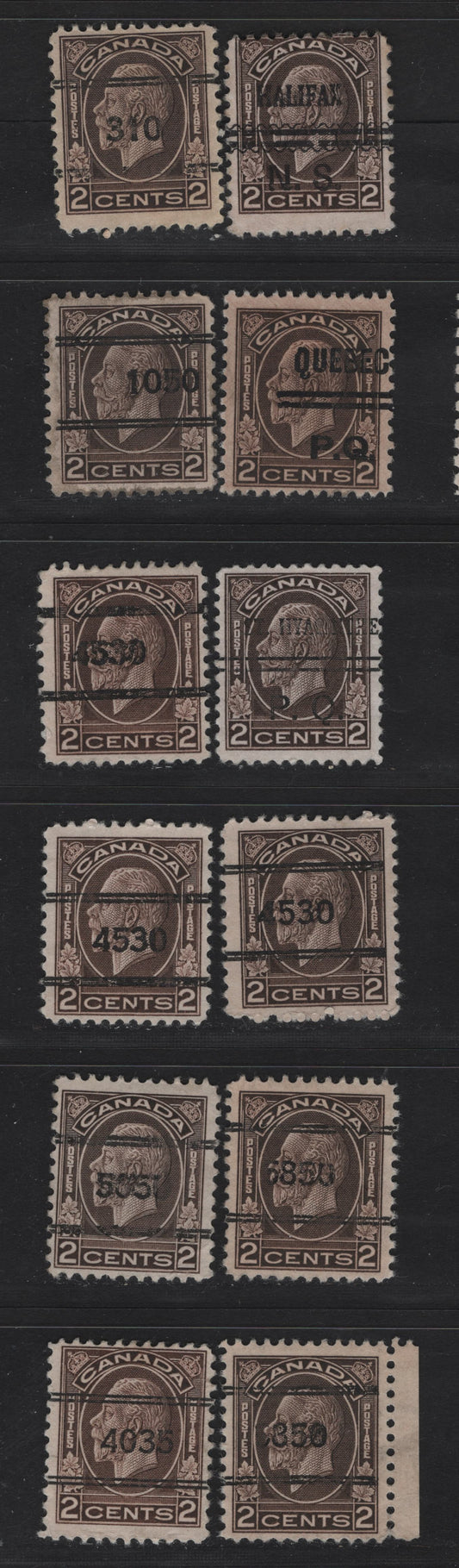 Lot 282 Canada (C) #196 2c Dark Brown & Dark Yellowish Brown King George V, 1932 Medallion Issue, 12 Very Good/Fine/Very Fine Used Singles, Various Precancels