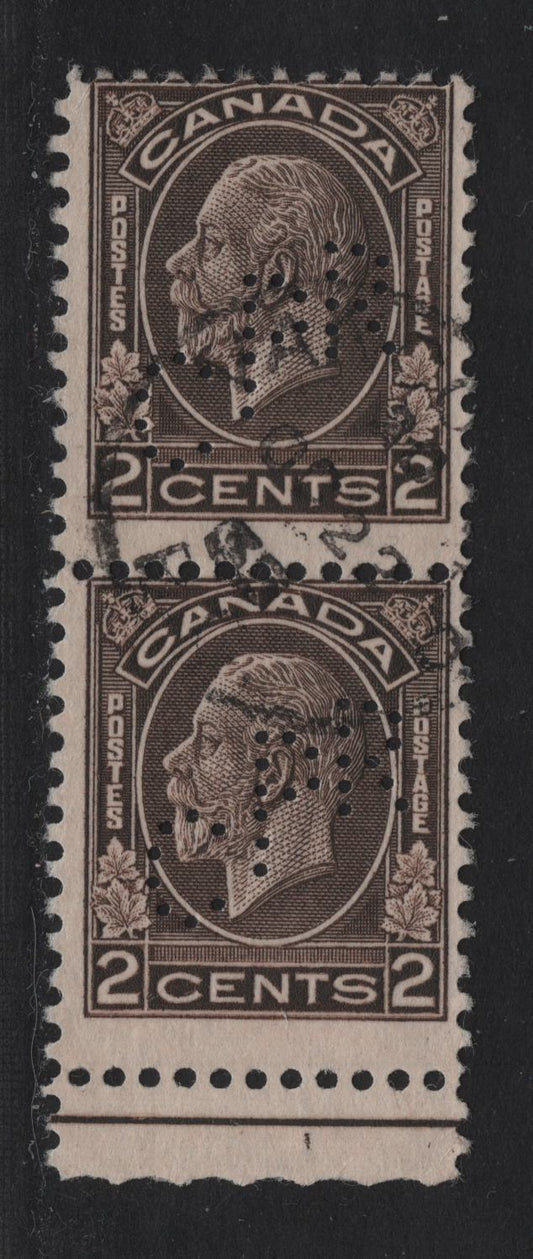 Lot 284 Canada #196var 2c Dark Brown King George V, 1932 Medallion Issue, A Very Good Used Pair, Scarcer BABN-M Paper, Vancouver CPR Perfin, Cancelled With October 22 1933 Vancouver BC CDS, Perf 11.1x10.9, 18x22mm Design Size.