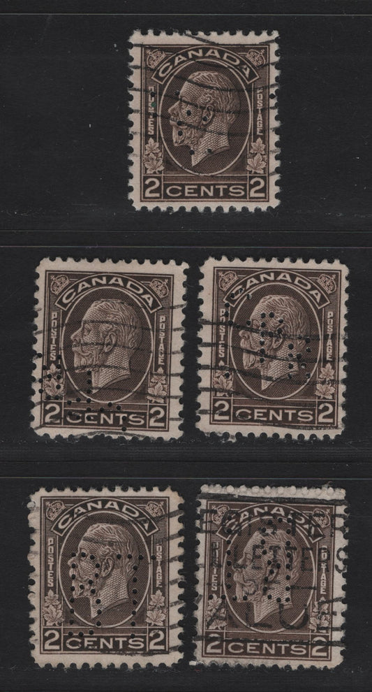 Lot 285 Canada #196 2c Dark Brown King George V, 1932 Medallion Issue, 5 Fine/Very Fine Used Singles, Various Perfins