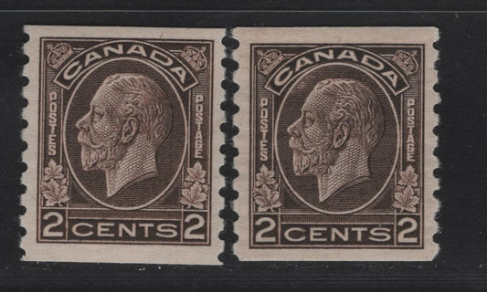 Lot 287 Canada #206 2c Dark Yellowish Brown - Dark Brown King George V, 1932 Medallion Issue, 2 VFOG Coil Singles, Papers BABN-QQ & BABN-A, Design Perfs 18.25x21.6mm & 18.25x21.5mm