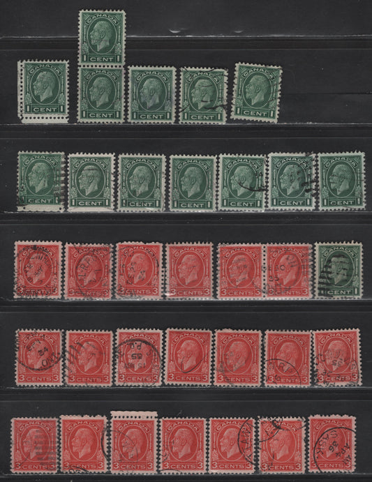 Lot 289 Canada (C) #195,d,as, 197,c, 1c - 3c Green - Deep Red , 1932 Medallion Issue, 28 Fine/Very Fine Used Singles & Pairs, Various Papers & Shades, Both Dies 1 & 2 Of the 3c, Unchecked As To Perfs & Design Sizes, Includes One 1c Flat Plate.
