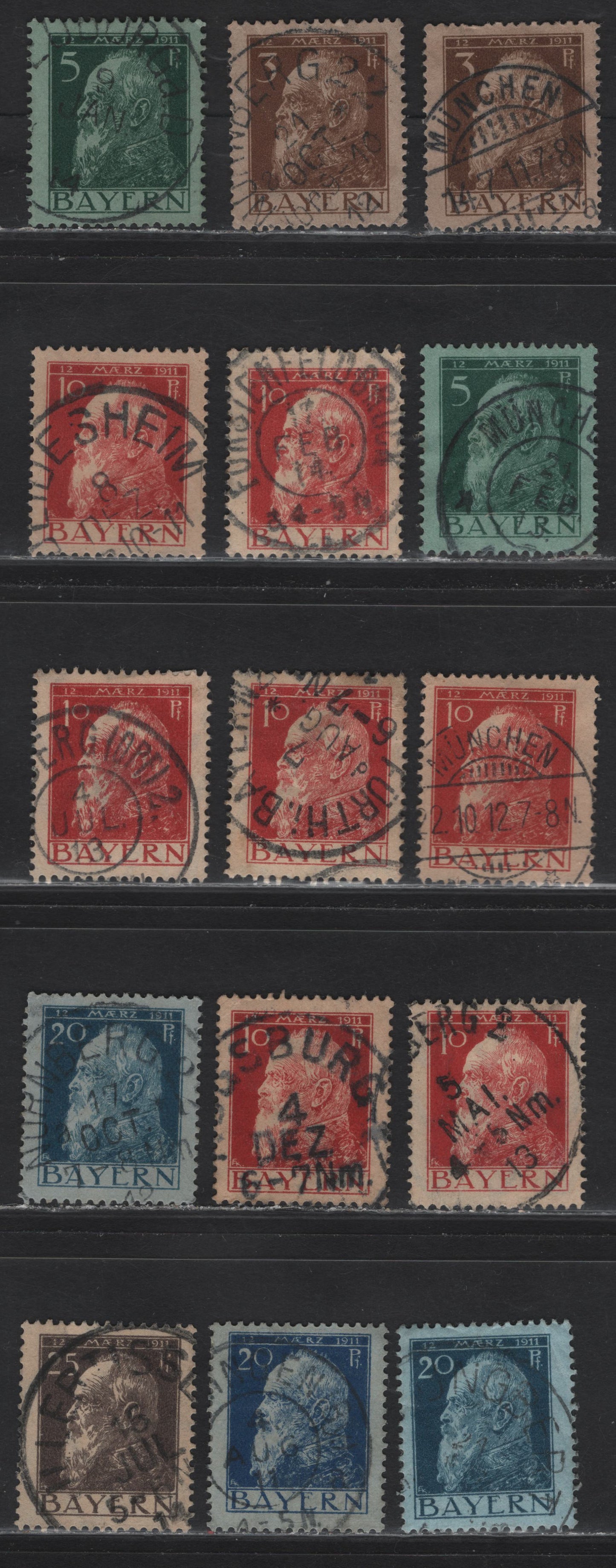 Lot 29 Bavaria SC#77-81(Michel # 76II,76III,77II,78I-III,79Ib,79IIa,80I) 3pf On Grey Brown - 25pf On Buff Paper, 1911 Prince Regent Leopold Issue, 15 F&VF Used Singles Selection Of SON Town Cancels Of The Different Michel Listed Types I,II,III