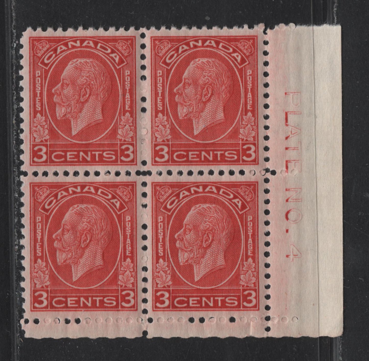 Lot 291 Canada #197c 3c Scarlet King George V, 1932 Medallion Issue, A VFNH LR Plate 4 Block Of 4, Perf 11.1x10.8, Paper BABN-UU, 18x22mm Design Size, Partial Dry Inking Of Plate Inscription.