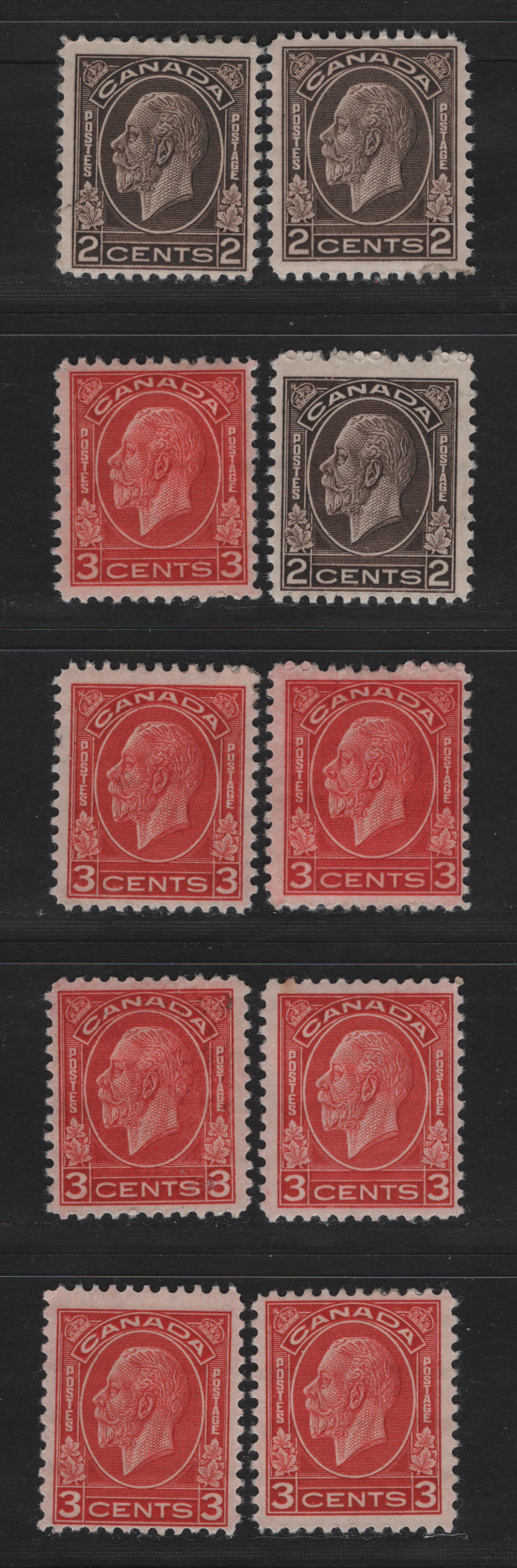 Lot 293 Canada #196-197,c 2c - 3c Dark Brown - Scarlet King George V, 1932 Medallion Issue, 10 FOG Singles, Papers BABN-G, BABN-SS, BABN-MM & BABN-UU, Unchecked For Perfs & Design Sizes