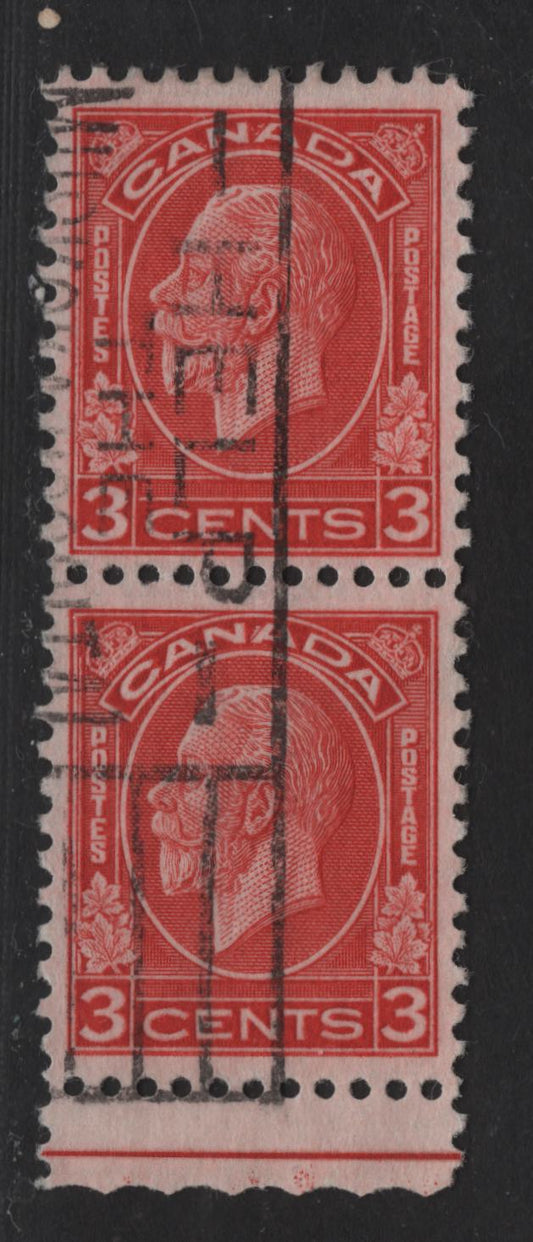 Lot 294 Canada (C) #197c 3c Bright Golden Scarlet King George V, 1932 Medallion Issue, A Fine Used Pair, Scarcer Paper BABN-N, Die 2, Leftover Paper From The Arch Issue.