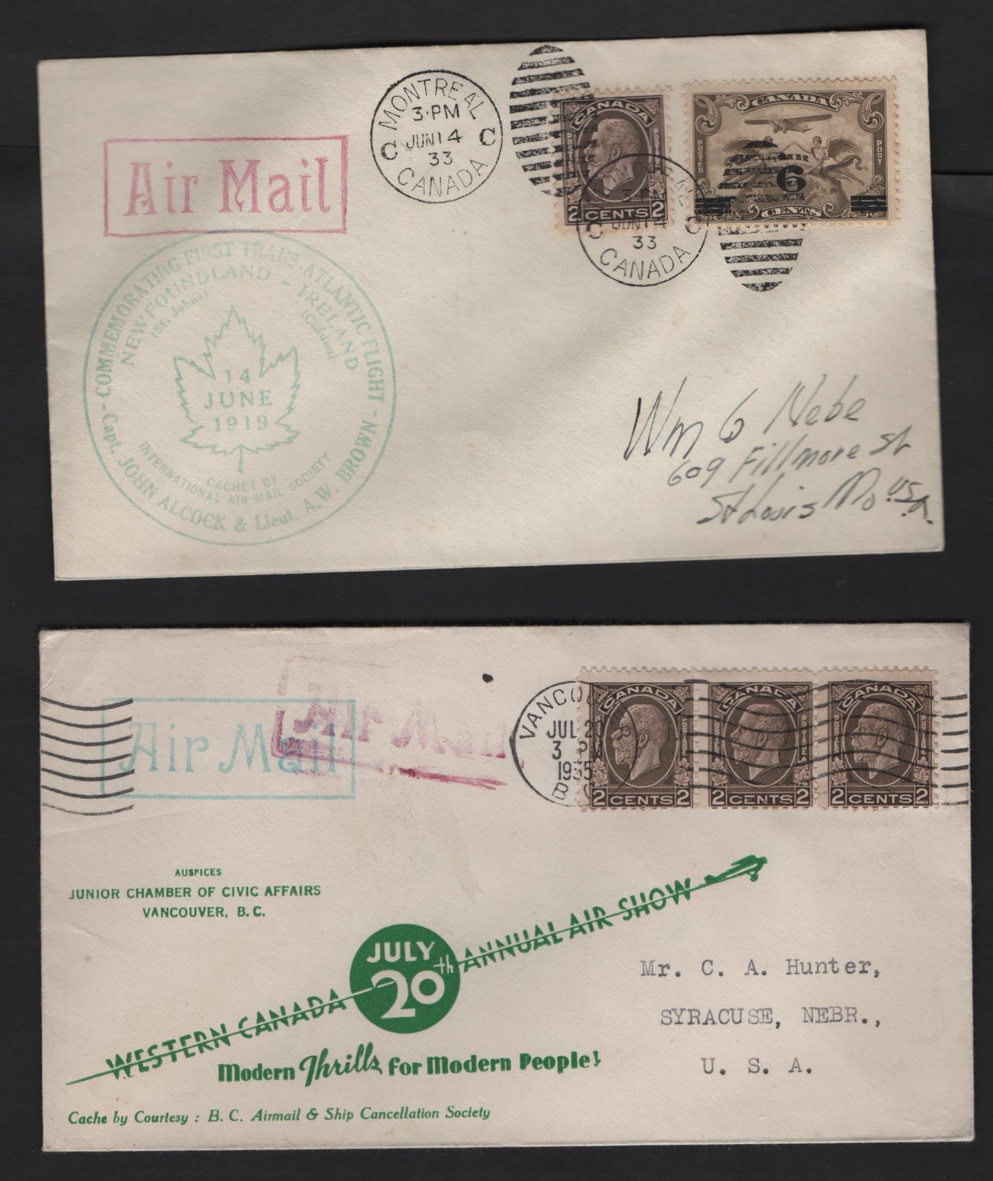 Lot 298 Canada #196, C3 2c & 6c on 5c Dark Brown - Olive Brown King George V, 1932 Medallion Issue, 2 Very Fine Used Covers, 1935 Vancouver Western Canada Airshow Cover (AAMC#3519) & 1933 Commemorative Cover For Montreal Flight (AAMC#3325)