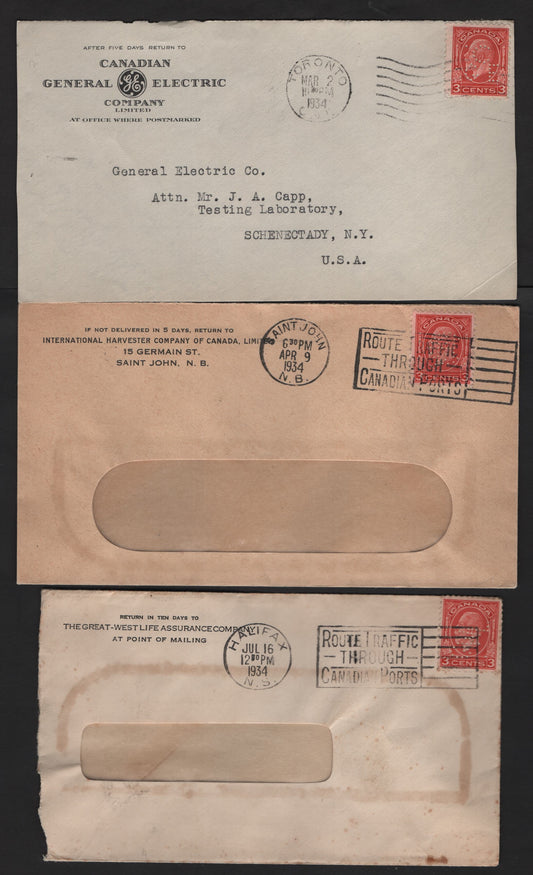 Lot 300 Canada #197c 3c Scarlet King George V, 1932 Medallion Issue, 3 Very Fine Used Covers, Two Full Covers & One Cover Front, Each Franked With A Single With Perfins