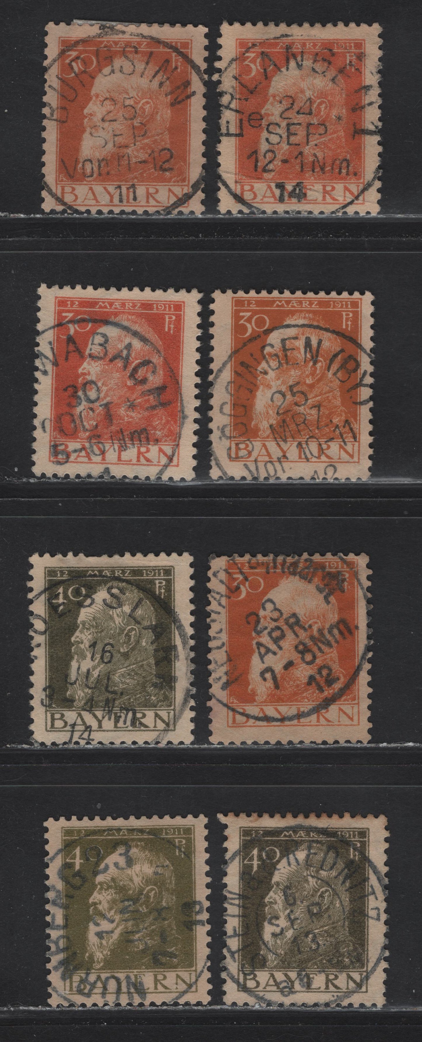 Lot 30 Bavaria SC#82-83(Michel 81I-II, 82I-II) 30pf Orange Buff On Buff, 40pf Olive Green On Buff, 1911 Prince Regent Leopold Issue, 8 F&VF Used Singles Types I & II, W/ SON Town Cancels