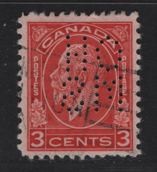 Lot 301 Canada (C)  #O8-197c 3c Scarlet King George V, 1932 Medallion Issue, A Fine Used Single, Die 2, 5 Hole OHMS perfin Pos. 5