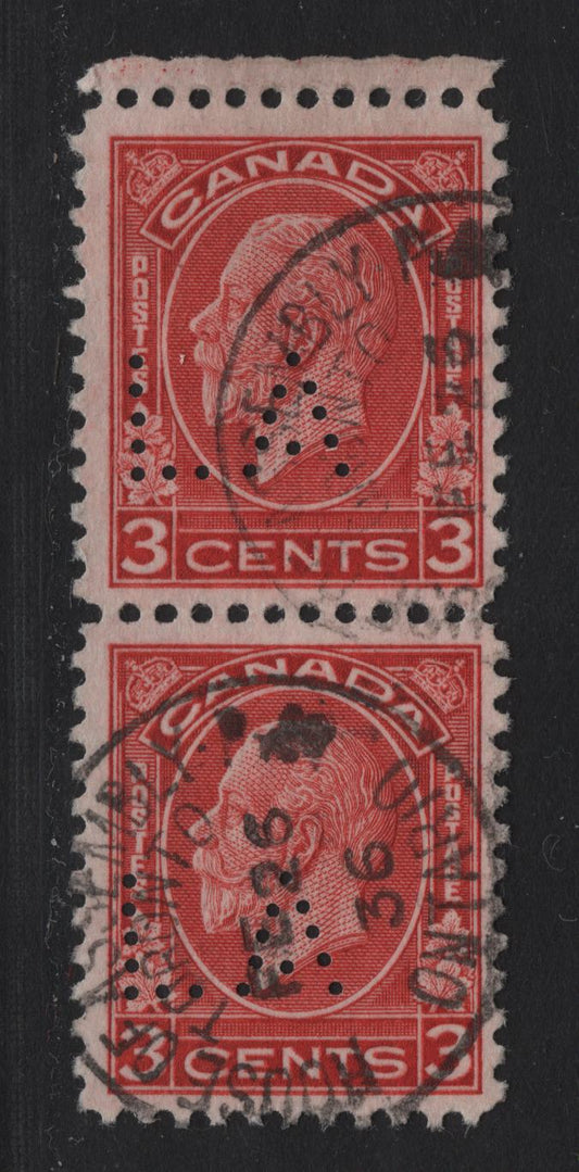 Lot 302 Canada #197c (C) 3c Scarlet King George V, 1932 Medallion Issue, A Very Fine Used Pair, BABN-E, Gov't Of Ontario Perfin, Cancelled With SON Feb 25 195 House of Assembly Cancel.