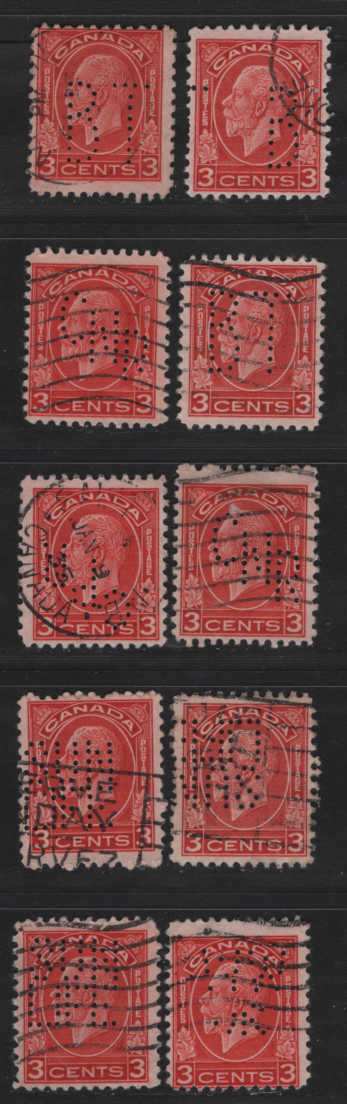 Lot 303 Canada #197c 3c Scarlet King George V, 1932 Medallion Issue, 10 Fine Used Singles, Die 2, Various Perfins